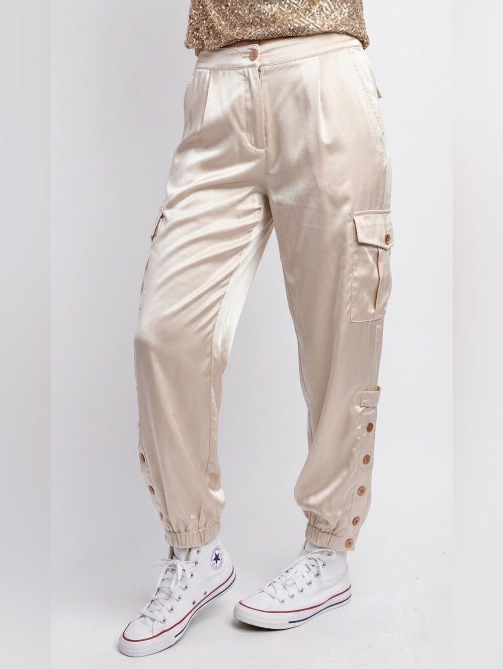 Chico's SILK Blend Cargo Jogger Pants Beige Utility Parachute Y2K M-L Size Or/12